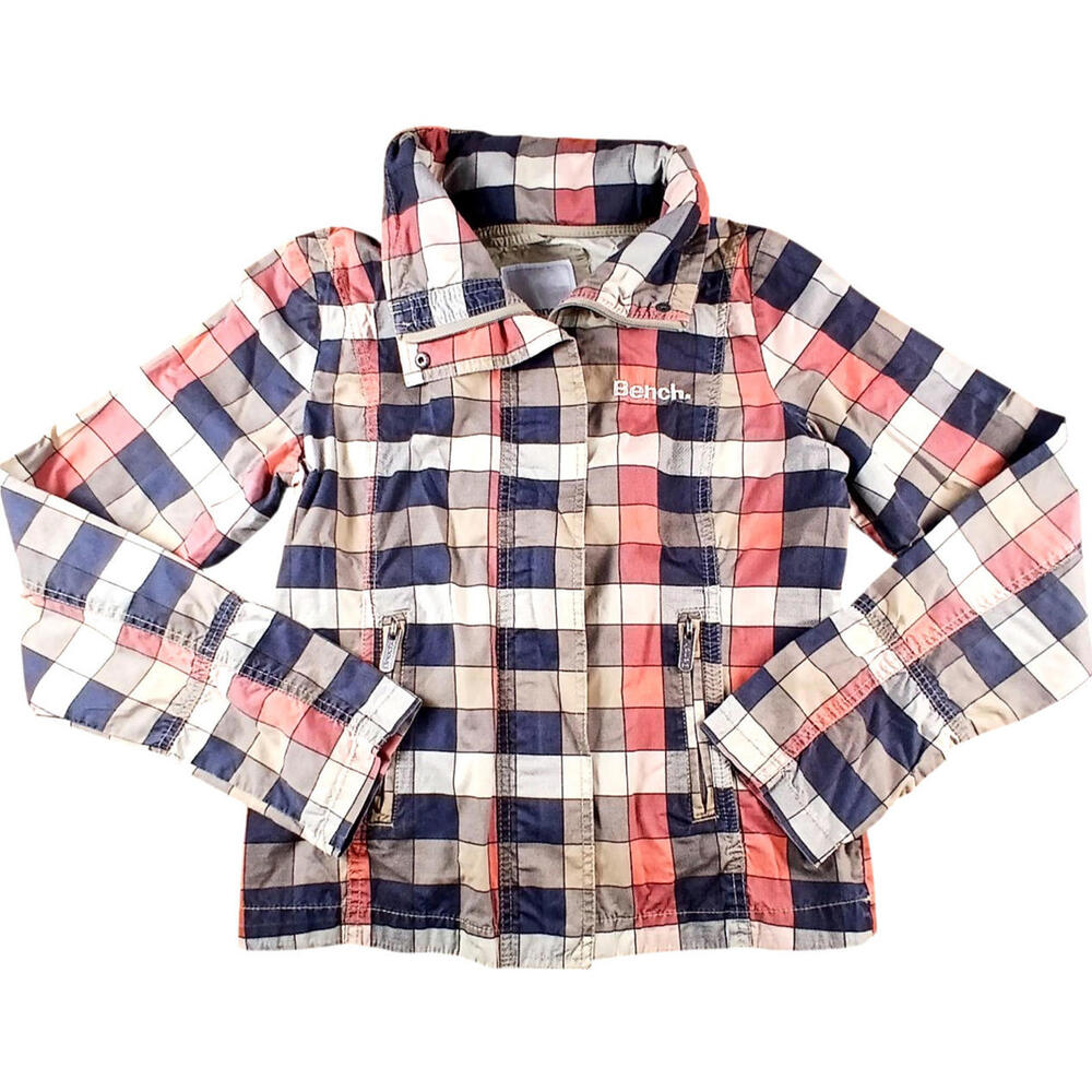 Bench Plaid Jacket Women Medium Blue Coral Cotton Lightweight Spring Coat